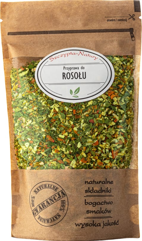 Naturalna przyprawa marki Szczypta-Natury – doskonała do rosołu, zup i sosów, w eleganckim opakowaniu.