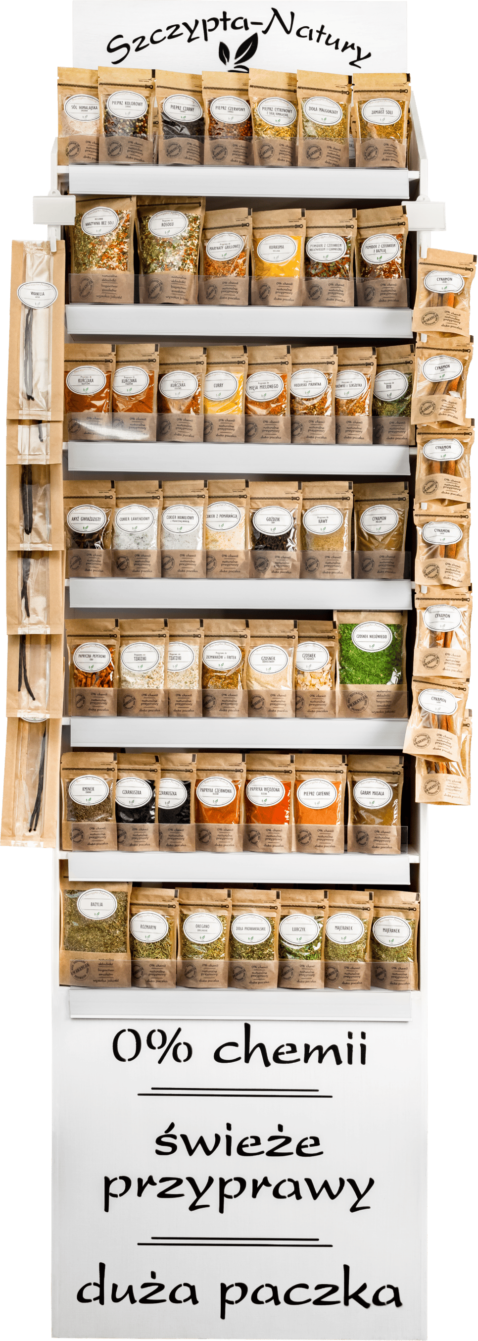 Stojak na przyprawy firmy Szczypta-Natury w kolorze białym, który prezentuje się elegancko i profesjonalnie